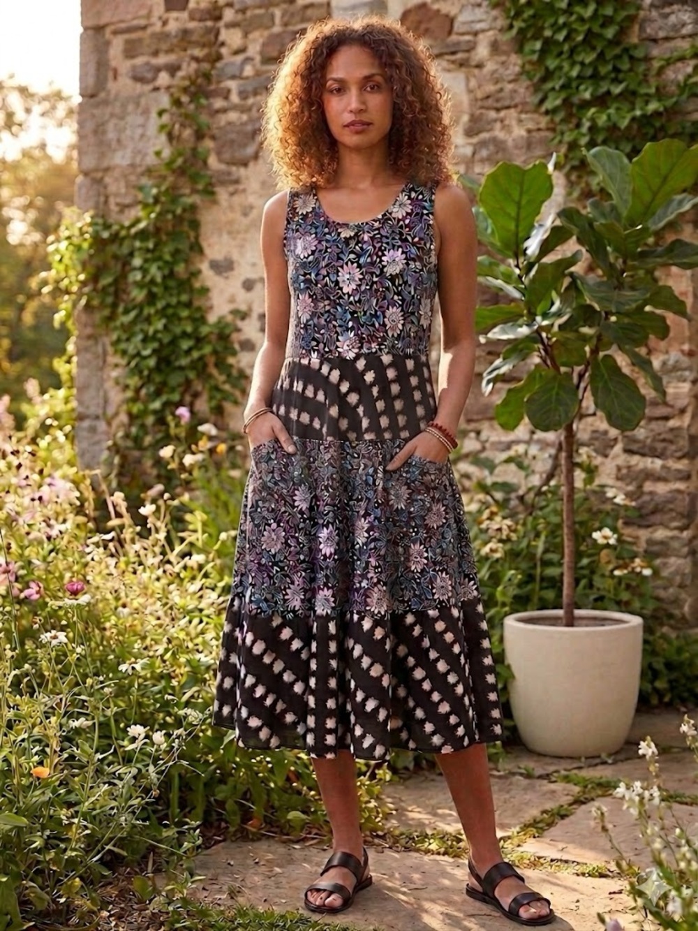 Dress Addict Organic Cotton Tiered Midi Dress Black White Mixed Boho Floral XS